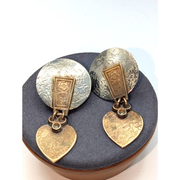 Signed Marjorie Baer SF Mixed Metal Industrial Modern Heart Dangle Clip Earrings - Picture 5 of 5